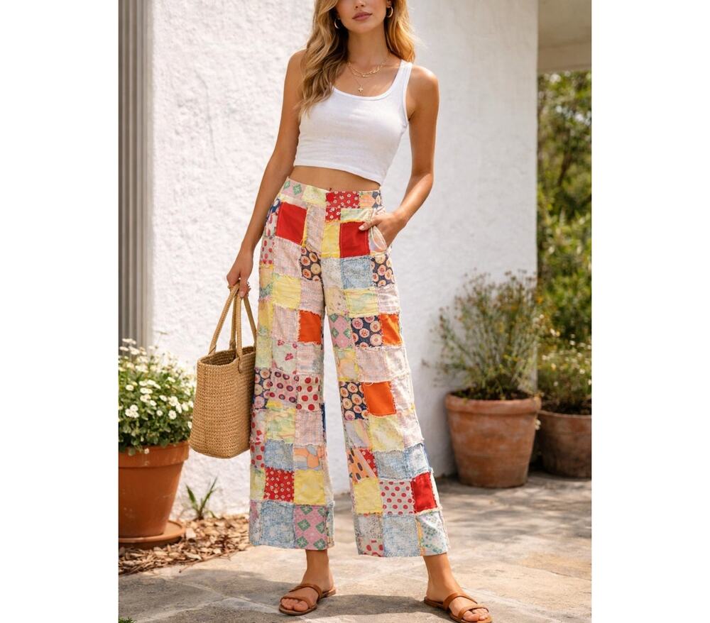 Vintage Patchwork Quilt Cropped Pants High Rise Boho Flare Artisan Small S